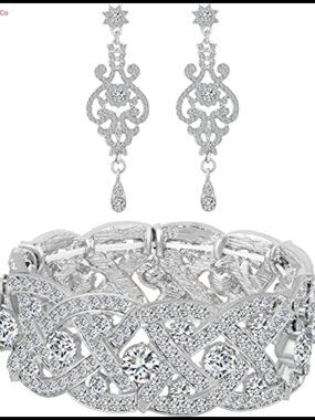 Rhinestone Crystal Wedding Bridal Tennis Bracelet & Drop Earrings Set - Stretch